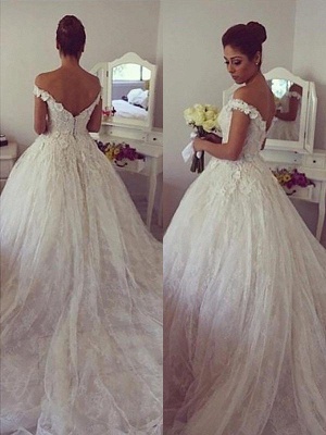 Gorgeous Ball Gown Off-the-Shoulder Lace Wedding Dresses Sweetheart Appliques Bridal Gowns with Court Train_1