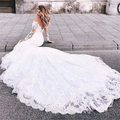 Affordable Mermaid Appliques Long Wedding Dresses Off-the-Shoulder Long Sleeves Bridal Gowns On Sale_5