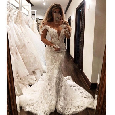 Elegant Mermaid Off-the-Shoulder Wedding Dresses Long-Sleeves V-Neck Appliques | Bridal Gowns Online_3