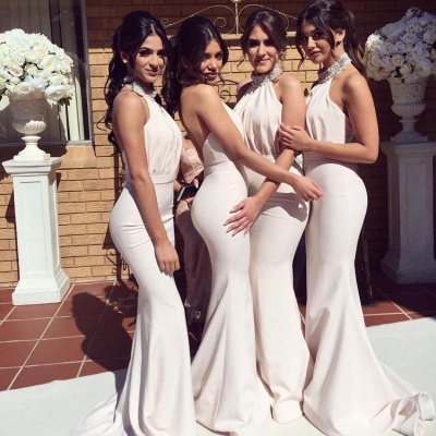 Elegantes vestidos de dama de honor sirena halter | Vestidos de fiesta de boda largos acanalados atractivos_4