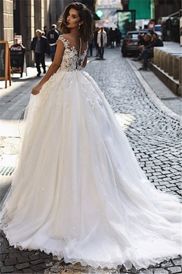 Glamorous Ball Gown Tulle Cap-Sleeves V-Neck Appliques Wedding Dresses | Bridal Gowns On Sale_3