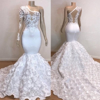 One Shoulder Lace Appliques Trumpet Prom Dresses with sleeve | Suzhou UK Online Shop_5