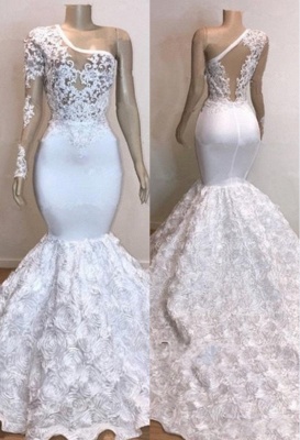 One Shoulder Lace Appliques Trumpet Prom Dresses with sleeve | Suzhou UK Online Shop_2