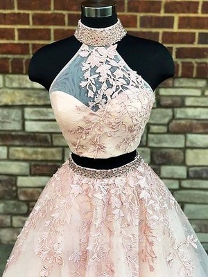 Glamorous Halter Two Piece Lace Appliques Prom Dresses | Lace Up Crystal Evening Dresses with Beads_2