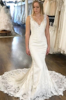 Gorgeous V-Neck Appliques Wedding Dresses | Sleeveless Backless Mermaid Floral Bridal Gowns_1