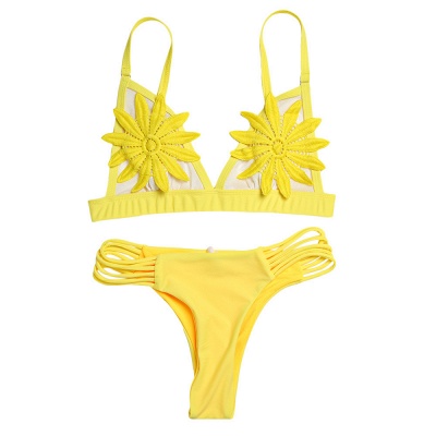 Sutiã acolchoado de flor de duas peças Bandagem Push Up Bikinis_5