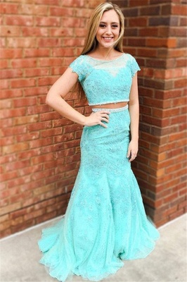 Glamorous Jewel Lace Appliques Two Piece Prom Dresses | Sexy Mermaid Sleeveless Evening Dresses_1