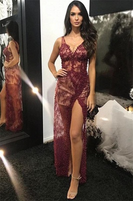 Wine Red Straps Sexy Low Cut Lace Beading Side-Slit Quality Tulle Detachable Princess A-line Evening Gown | Suzhou UK Online Shop_2