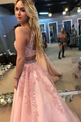 Glamorous Lace Appliques Halter Two Piece Prom Dresses | Open Back Sleeveless Evening Dresses with Beads_2