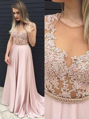 Jewel Beads Lace Appliques Prom Dresses | Pink Sleeveless Tulle Evening Dresses_2