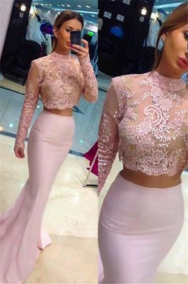 Glamorous High Neck Lace Appliques Long Sleeves Prom Dresses | Sexy Mermaid Pink Lace Two Piece Evening Dresses_1