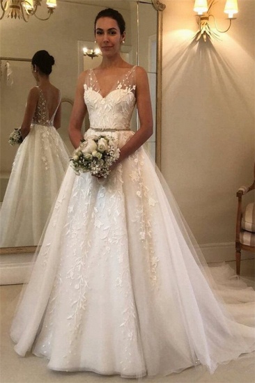 Gorgeous Sheer Straps Applique Wedding Dresses | Sleeveless Floral Bridal Gowns with ribbons_1