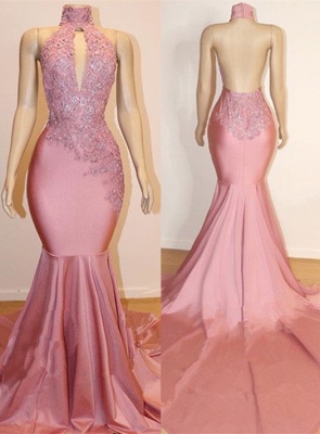 Halter Backless Mermaid Apliques Long Train Prom Dresses_1