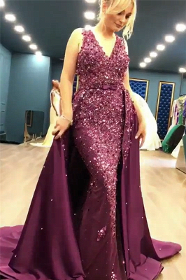 Sleeveless Full Beads Sequins Sexy Evening Dress | Luxury Overskirt Sheer Tulle Back Prom Dress_1