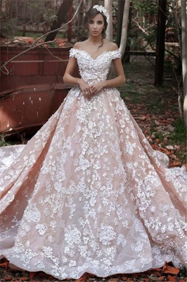 Pink Lace Applique Long Bridal Gown New Off the Shoulder Chapel Train Wedding Dresses BA3863_2