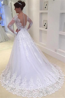 V-Neck Appliques Long-Sleeves Elegant Tulle A-Line Beadings Wedding Dress_3