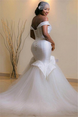 Tulle Mermaid White Glamorous Beads Sweep-Train Lace-up Off-the-shoulder Wedding Dress_3