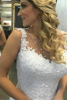 Robe de mariée trapèze chic en dentelle blanche courte sans manches avec perles_2