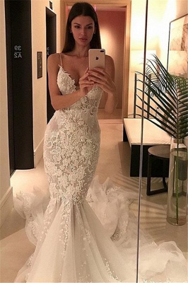 Charming Spaghetti-Strap Mermaid Wedding  Dress Lace Zipper Button Tulle Bridal Gowns_3