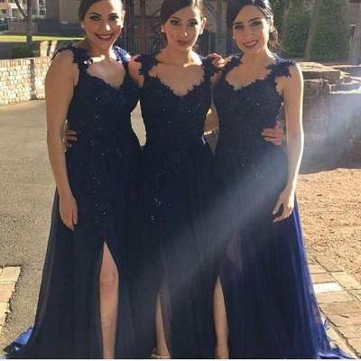 Side-Slit Lace-Appliques Navy-Blue A-line Chiffon Bridesmaid Dresses BA4993_3