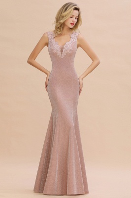 Chic Deep V-Neck Sleeveless Pink Prom Dress Glittery Appliques Mermaid Evening Dresses On Sale_1