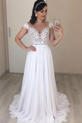 Stylish Off-the-Shoulder A-line Wedding Dresses Mermaid Appliques Cap Sleeves Bridal Gowns with Ruffles_1