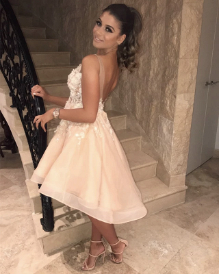 Elegant Spaghetti Straps Sleeveless Lace Short Prom Dress V-Neck Appliques Flowers Party Dresses On Sale_2