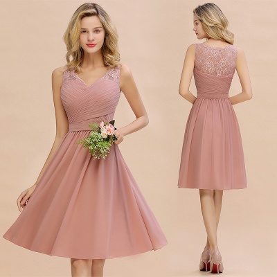 Fantastic A-Line V-Neck Knee Length Dusty Rose Prom Dress Chiffon Short Party Dresses with Pleats Online_16