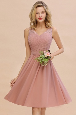 Fantastic A-Line V-Neck Knee Length Dusty Rose Prom Dress Chiffon Short Party Dresses with Pleats Online_14