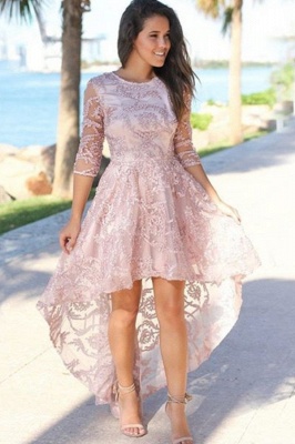 Glamorous Hi-Lo Jewel Lace Beading Prom Dress 3/4 Sleeves Appliques Party Dresses with Rhinestones_1