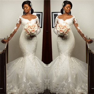 Gorgeous Sweetheart Appliques Mermaid Wedding Dresses Long-Sleeves Lace Bridal Gowns On Sale_2