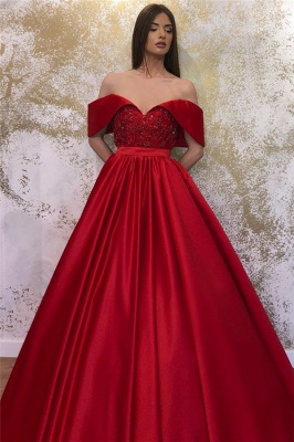 Glamorous Off-the-shoulder Sweetheart Prom Dresses Belted A-line Puffy Formal Dresses_2