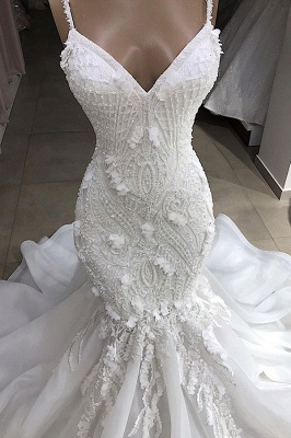 Glamorous Spaghetti Straps Lace Mermaid Wedding Dresses V-Neck White Appliques Bridal Gowns On Sale_4