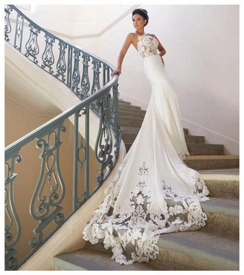 Affordable Spaghetti Strap White Wedding Dress Lace Appliques Chapel Train Bridal Gowns On Sale_2