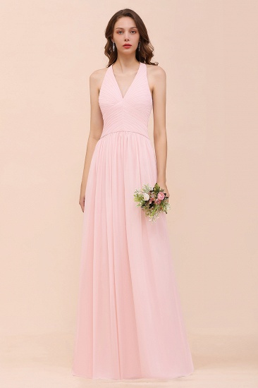 Pink V-Neck Simple Bridesmaid Dress Aline Chiffon Wedding Guest Dress