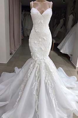 Glamorous Spaghetti Straps Lace Mermaid Wedding Dresses V-Neck White Appliques Bridal Gowns On Sale_1