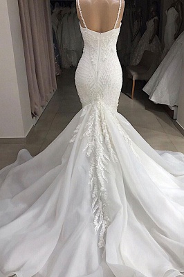 Glamorous Spaghetti Straps Lace Mermaid Wedding Dresses V-Neck White Appliques Bridal Gowns On Sale_3