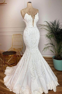 Sexy V-Neck Mermaid Wedding Dresses Sleeveless White Bridal Gowns with Lace Train Online_1