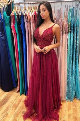 Glamorous Burgundy Spaghetti Strap V-Neck Applique Pearls Prom Dresses A-line Ruffles Evening Dresses_1