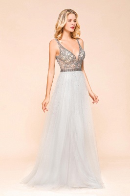 Beaded Plunging V-Neck Prom Dresses Sexy Tulle Sleeveless Evening Dresses On Sale_4