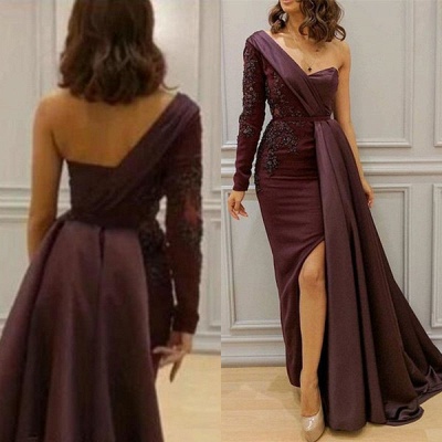 One-Shoulder Appliques Spandex Prom Dresses Open Back Evening Dresses with Waist Band_3