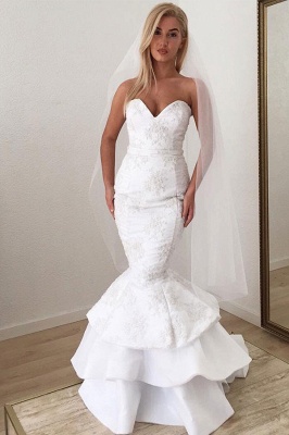 Sexy Strapless Sweetheart White Wedding Dresses Lace Appliques Mermaid Ruffles Long Bridal Gowns Online_3