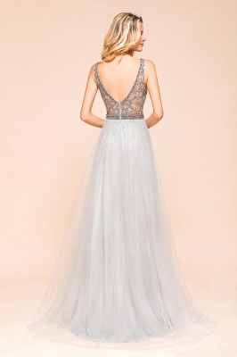 Beaded Plunging V-Neck Prom Dresses Sexy Tulle Sleeveless Evening Dresses On Sale_3