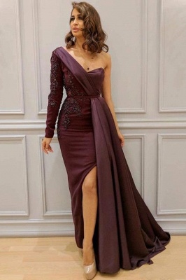 One-Shoulder Appliques Spandex Prom Dresses Open Back Evening Dresses with Waist Band_1