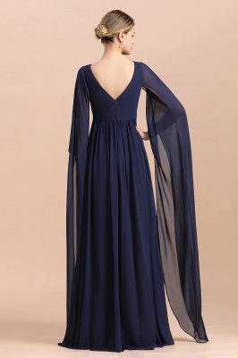 Dark Navy Deep V-neck High waist A-line Beaded Belt Mother Dresses_3