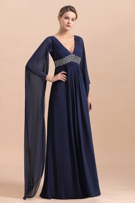 Dark Navy Deep V-neck High waist A-line Beaded Belt Mother Dresses_8