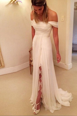 Chiffon Long Beach Wedding Dress On Sale | A-Line Off-the-Shoulder Bridal Gowns_1