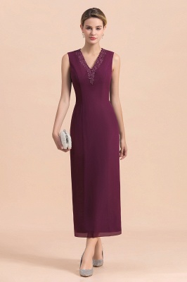 Burgundy Long sleeves Elegant V-neck Column Mother of bride dress_9