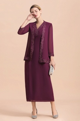 Burgundy Long sleeves Elegant V-neck Column Mother of bride dress_5