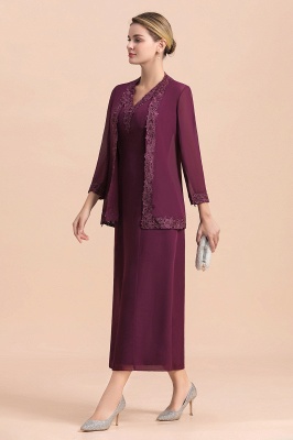 Burgundy Long sleeves Elegant V-neck Column Mother of bride dress_7